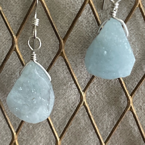 Natural Aquamarine Earrings Sterling Silver Wire Wrapped Raw Gemstones –Handmade - Picture 2 of 10